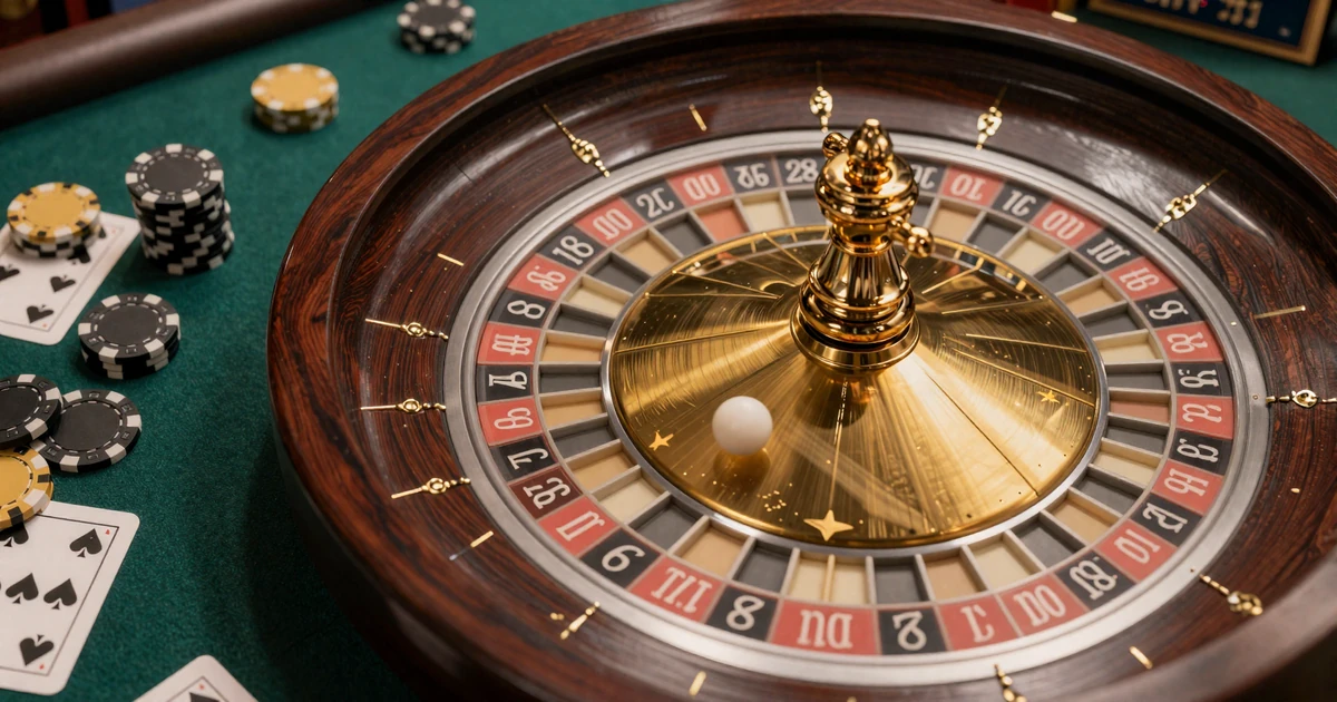 Roulette-Rad aus Mahagoni mit Goldintarsien, Spielkarten und Jetons auf gr&uuml;nem Filz im Art-Deco-Casino-Stil
