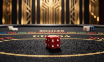 W&uuml;rfel rollen &uuml;ber schwarzen Casino-Tisch mit Bewegungsunsch&auml;rfe
