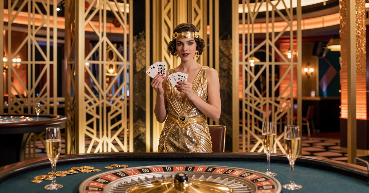 Elegante Frau im Gold-Flapper-Kleid mit Spielkarten in einem luxuri&ouml;sen Art-Deco-Casino mit Roulette-Tisch