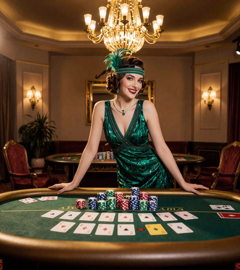 Elegante Frau im Smaragdgr&uuml;nen Abendkleid der 1920er Jahre mit Feder-Stirnband an einem goldenen Casino-Tisch mit Jetons und Spielkarten