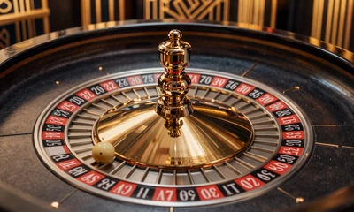 Nahaufnahme eines Roulette-Rads mit Goldkugel im Art-Deco-Casino-Stil