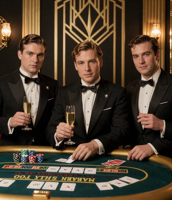 Selbstbewusster Mann im Smoking der 1920er Jahre mit Champagner am goldenen Casino-Tisch