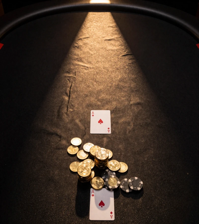 Goldm&uuml;nzen und Pokerchips auf schwarzem Casinotisch mit Art-Deco-Beleuchtung