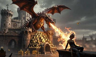 Mittelalterliche Burg mit Drache und Goldschatz als Slot-Cover